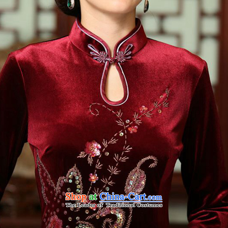 Floral autumn and winter female Chinese improved water droplets Mock-neck manually staple beads in seven cuff velvet long skirt figure color qipao S, floral shopping on the Internet has been pressed.