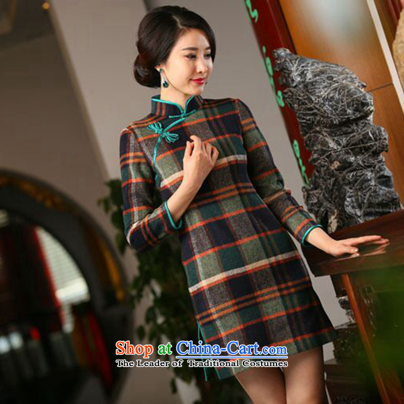 Floral autumn and winter new women's nine-sleeved qipao retro latticed gross grid style qipao? improved skirt figure color L, floral shopping on the Internet has been pressed.