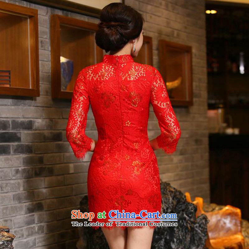It fall for women married to the lift mast qipao Chinese collar improved 7 cuff lace bows cheongsam dress figure color mosaic 2XL, shopping on the Internet has been pressed.
