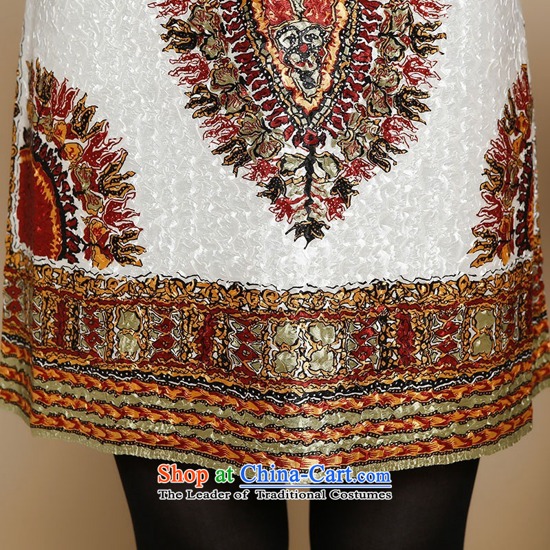 In 2015, Ms. autumn and winter long silk linen dresses in the folds of older ethnic Embroidery Stamp V-Neck 9 cuff skirts autumn and winter with beige XXXXL,UYUK,,, mother shopping on the Internet