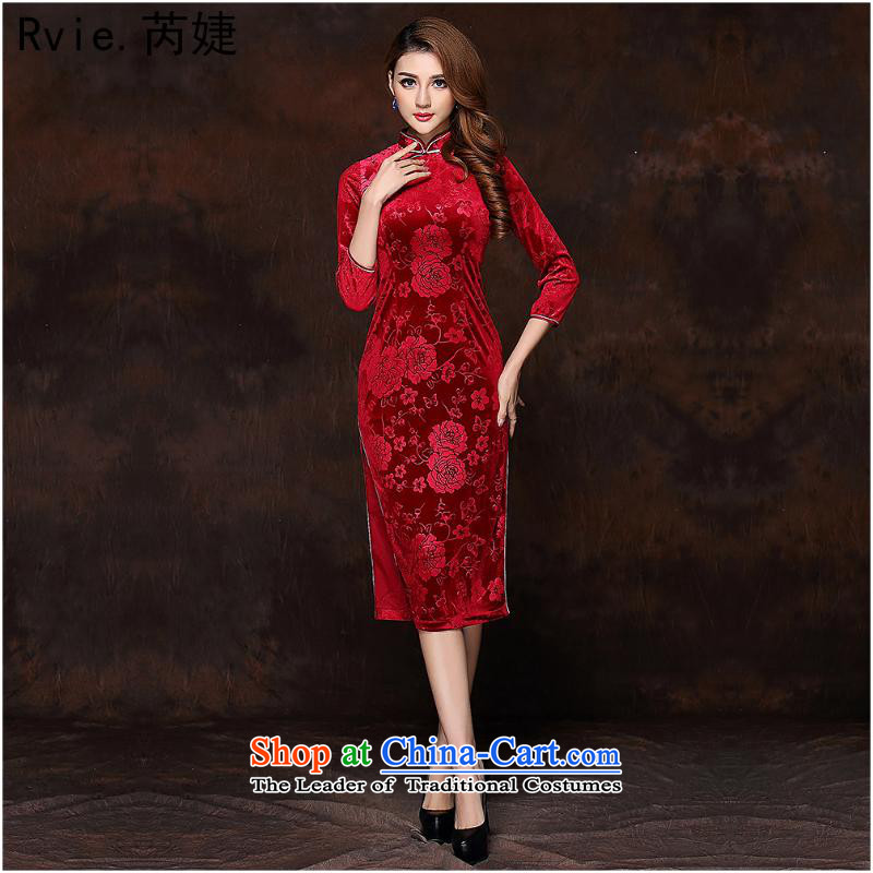 2015 Autumn and winter new women's improved Stylish retro-seven long qipao?QF141008 cuff velvet?RED?M