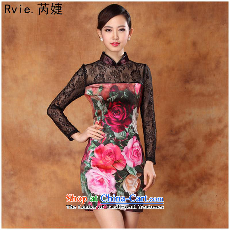 New autumn sexy lace scouring pads stamp and the relatively short time, improved long-sleeved cheongsam dress banquet figure XXXL, dresses and involved (rvie.) , , , shopping on the Internet