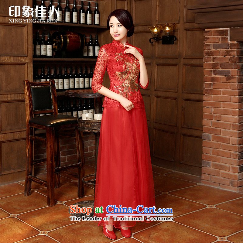 Starring impression new 2015 Tang dynasty bride wedding dress long-sleeved long red lace cheongsam dress bows services fall , L, starring impression shopping on the Internet has been pressed.