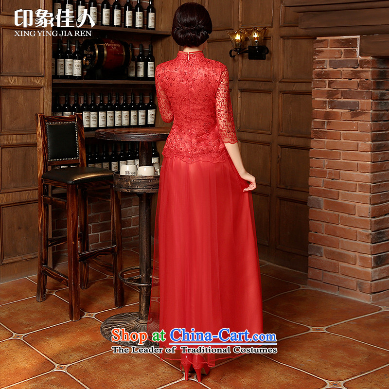Starring impression new 2015 Tang dynasty bride wedding dress long-sleeved long red lace cheongsam dress bows services fall , L, starring impression shopping on the Internet has been pressed.