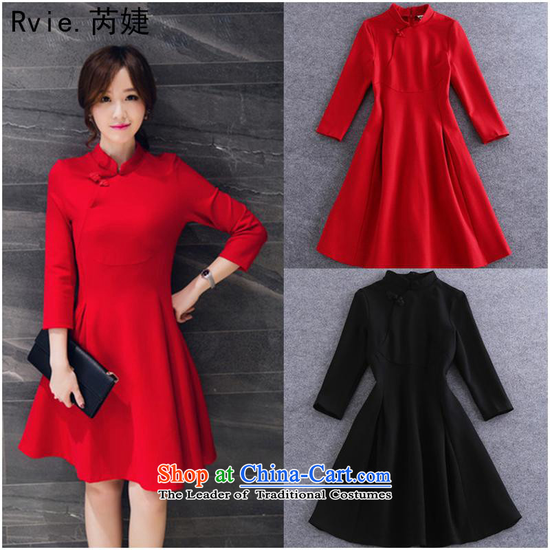 2015 Autumn and winter new women's minimalist stitching a grain allotted seven points/pure color temperament retro cheongsam dress RED M, and involved (rvie.) , , , shopping on the Internet