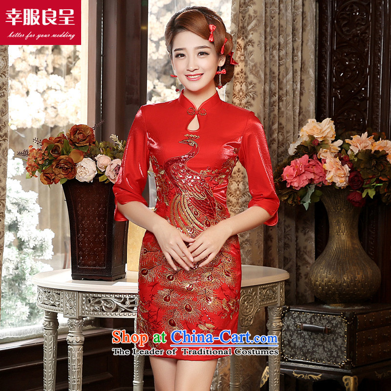 The privilege of serving-leung bows qipao 2015 new services for autumn and winter red bride Wedding Dress Short of Chinese Antique in short-sleeved qipao?S
