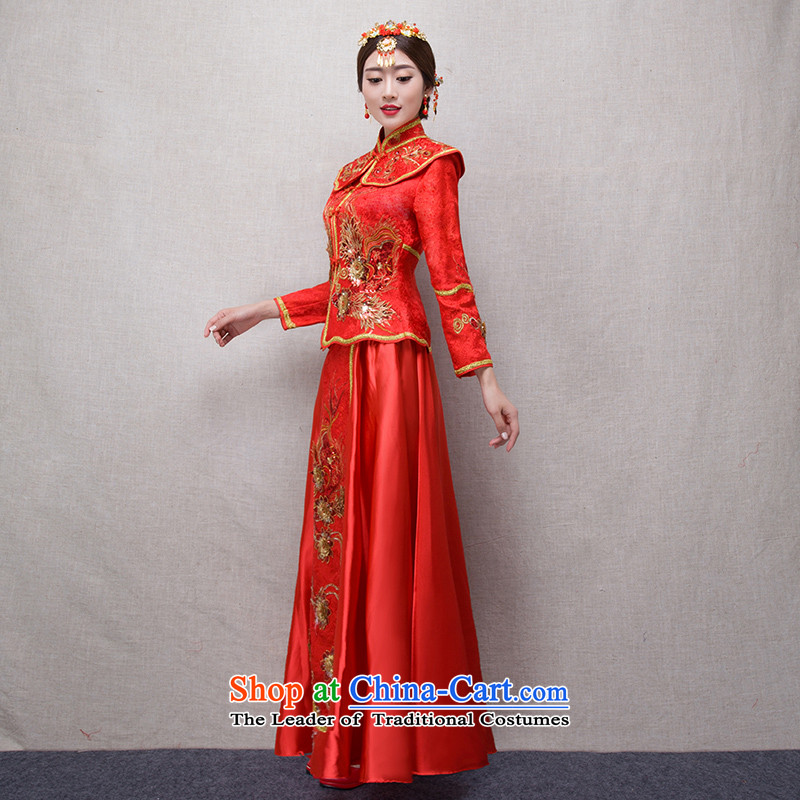 Sau Wo Service 2015 new autumn and winter clothing red retro marriage bows Chinese qipao and Phoenix also improved long-sleeved Sau San video thin cheongsam marriages wedding gown evening red-soo kimono + head-dress , in accordance with the china love M ,