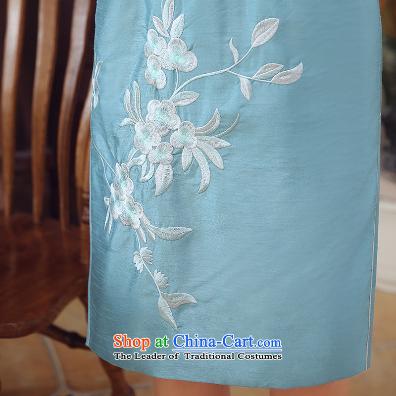 [Sau Kwun Tong] Blue Hong Kong 2015 winter clothing new long-sleeved folder cotton embroidery improved stylish Sau San video thin blue skirt M-soo qipao Kwun Tong shopping on the Internet has been pressed.
