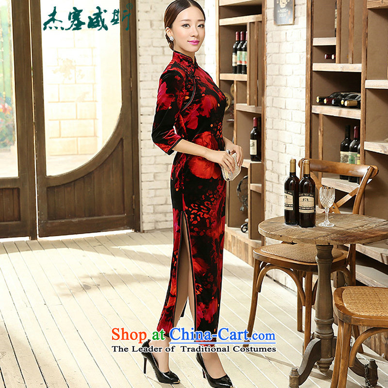 In the spring and autumn jie female qipao Tang Dynasty Stretch Wool elegant classic golden collar manually detained seven long-sleeved cheongsam dress T0007 female black and red XXXL, Jie, in , , , shopping on the Internet
