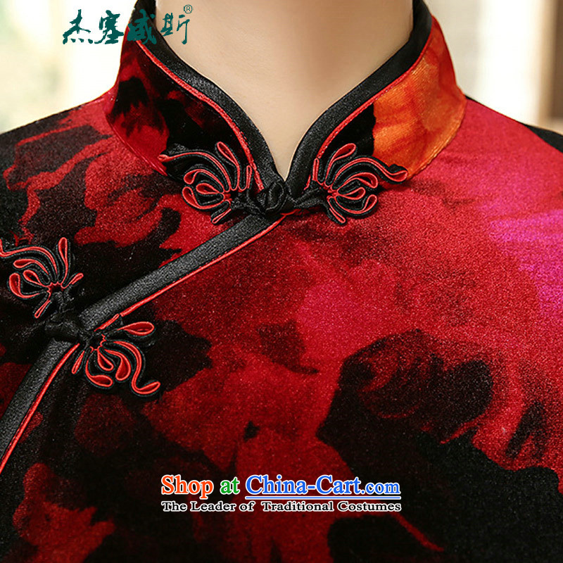 In the spring and autumn jie female qipao Tang Dynasty Stretch Wool elegant classic golden collar manually detained seven long-sleeved cheongsam dress T0007 female black and red XXXL, Jie, in , , , shopping on the Internet