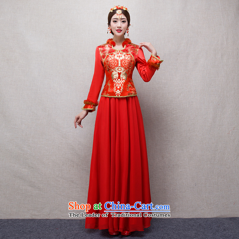 The final in accordance with the marriage of China love bows services 2015 winter new bride red long qipao Kit Chinese costume show Wo Service retro warm Maomao collar ：fuguihua dress + model Head Ornaments , L4, according to the , , , Love shopping on th
