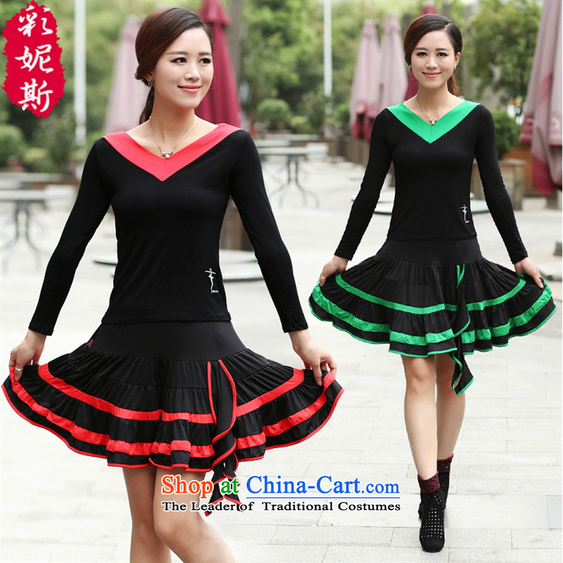 The Black Butterfly autumn and winter clothing in the new product of older women Dance Dance Dance Plaza Service skirt kit long-sleeved green collar black T-shirt + black-green petticoats M,A.J.BB,,, shopping on the Internet