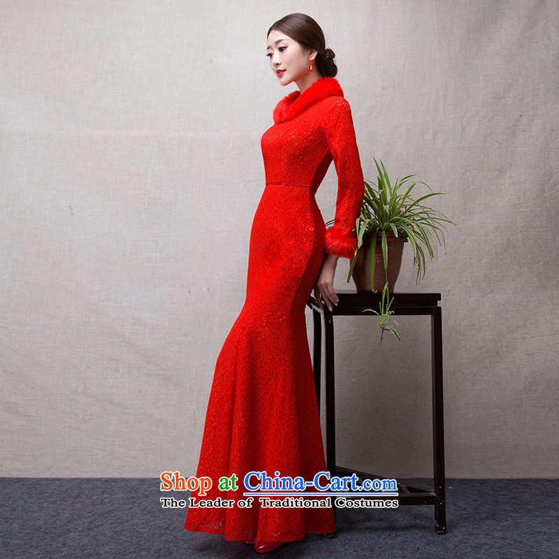 The Bride In China love bows services 2015 new winter red long crowsfoot qipao Sau San evening long-sleeved marriages qipao winter Maomao collar warm Red M4 China in accordance with , , , Love shopping on the Internet