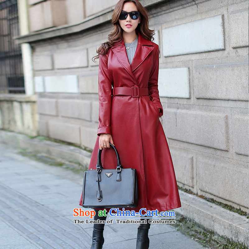 Sin has long leather garments women 2015 Fall/Winter Collections New PU leather garments girl wrapped-yi female Red Jacket coat Sau San Sin has.... XL, online shopping