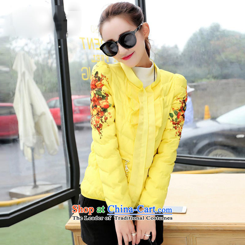 Sin has been short of female 2015 winter clothing new Korean Ladies printed cotton coat women small padded coats jacket Yellow   XL