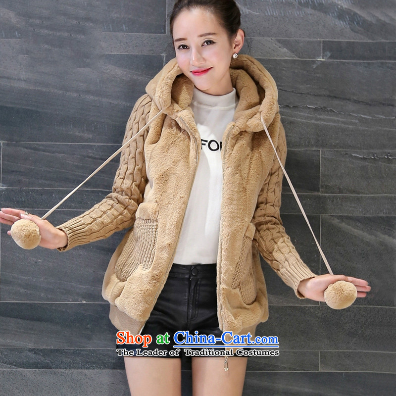 Sin has winter clothing Korean thick and plush cotton jacket stitching smart casual female autumn and winter short) with cap cotton coat female khaki , L, sin has shopping on the Internet has been pressed.