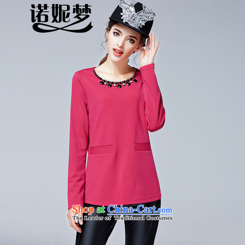 The maximum number of Europe and Connie Women 2015 Autumn New_ thick mm stylish nail bead chain stitching long-sleeved T-shirt, forming the Netherlands shirt s1323 girl in red 5XL