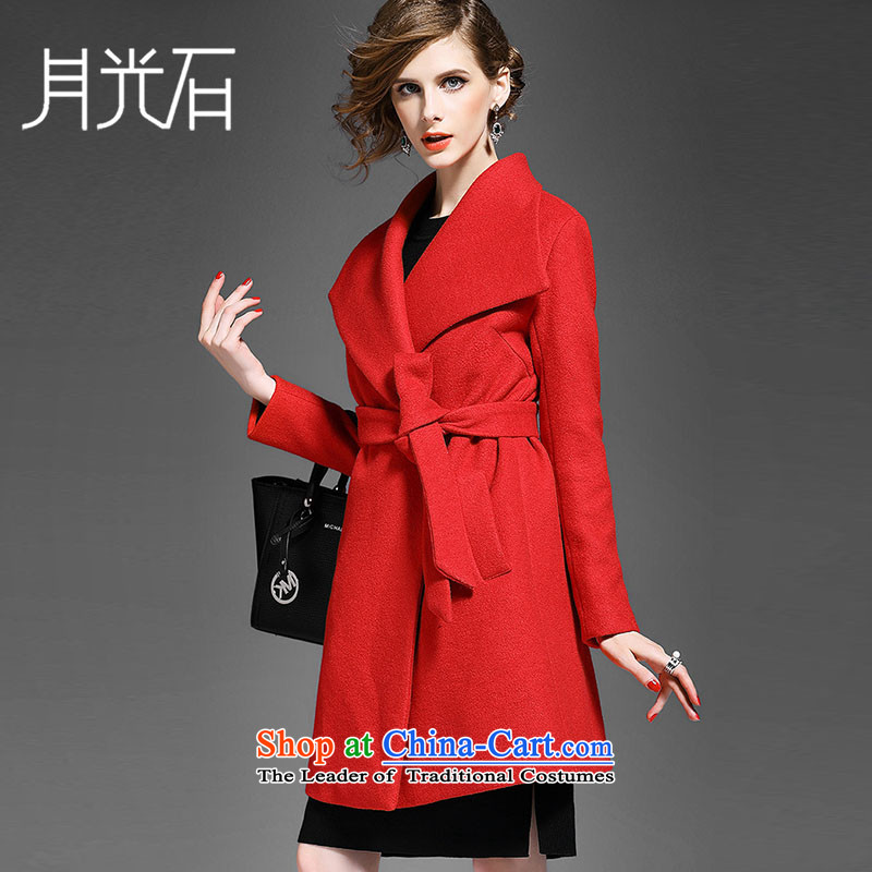 The Moonlight stone 2015 autumn and winter new women's western Big stylish large roll collar jacket coat? waistband gross Hans Peter Betz Red S