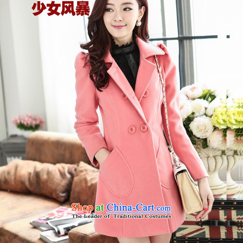 2015 Autumn and Winter Storm teenage women's stylish a wool coat in the medium to long term_? jacket coat pink gross Sau San??M