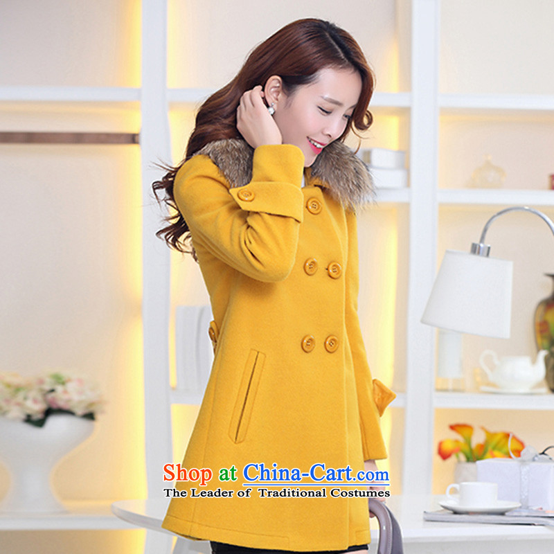 The land   by 2015 Fall/Winter Collections in the new Korean long Sau San Wild Hair Jacket coat female yellow? M, land has been pressed shopping on the Internet