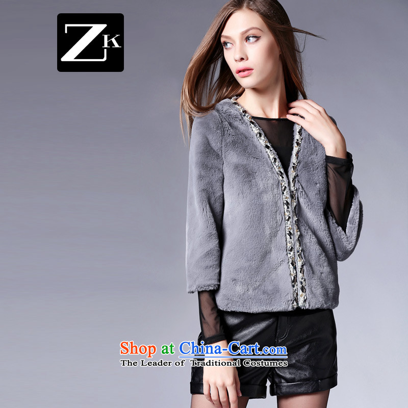 Zk Western women 2015 Fall/Winter Collections Of New Short Sleeve V-Neck 7 emulation fur jacket short of gray jacket M,zk,,,? Online Shopping