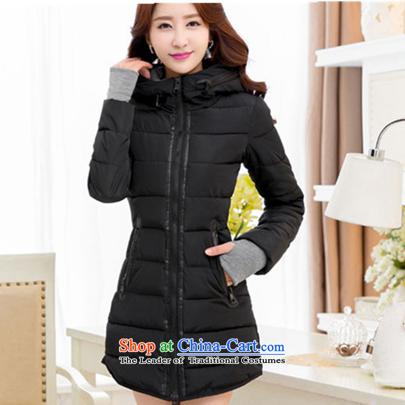 Extra-thick mm female video thin winter 2015 new feather in the countrysides long stylish Sau San video thin Women's jacket for larger female cotton coat robe BlackXL recommendations 90-115 catty
