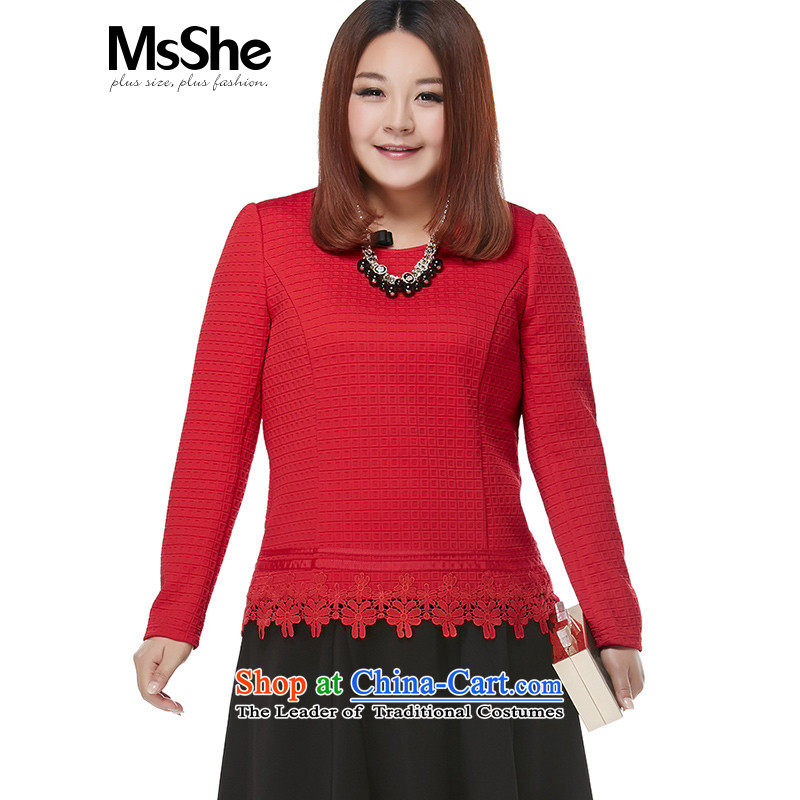 Msshe xl women 2015 new winter clothing thick MM round-neck collar knit jacquard lace stitching 10760 Red 3XL T-Shirt