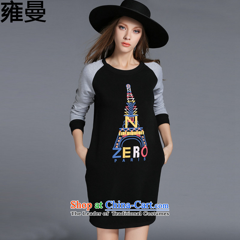 And Cayman  2015 Autumn new larger female Korean fashion letters large long-sleeved stamp dresses  Y9588  XXXL black