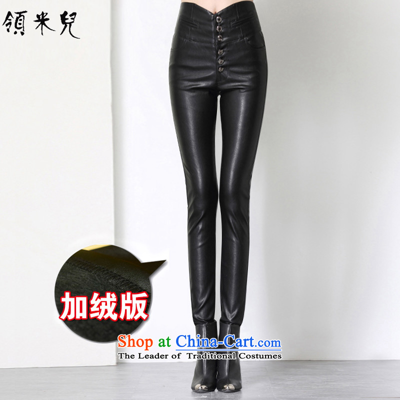 For M-Large 2015 women Fall_Winter Collections new thick mm tall graphics waist elastic Sau San female leather pants pencil trousers trousers boots trousers female black velvet, plus3XL