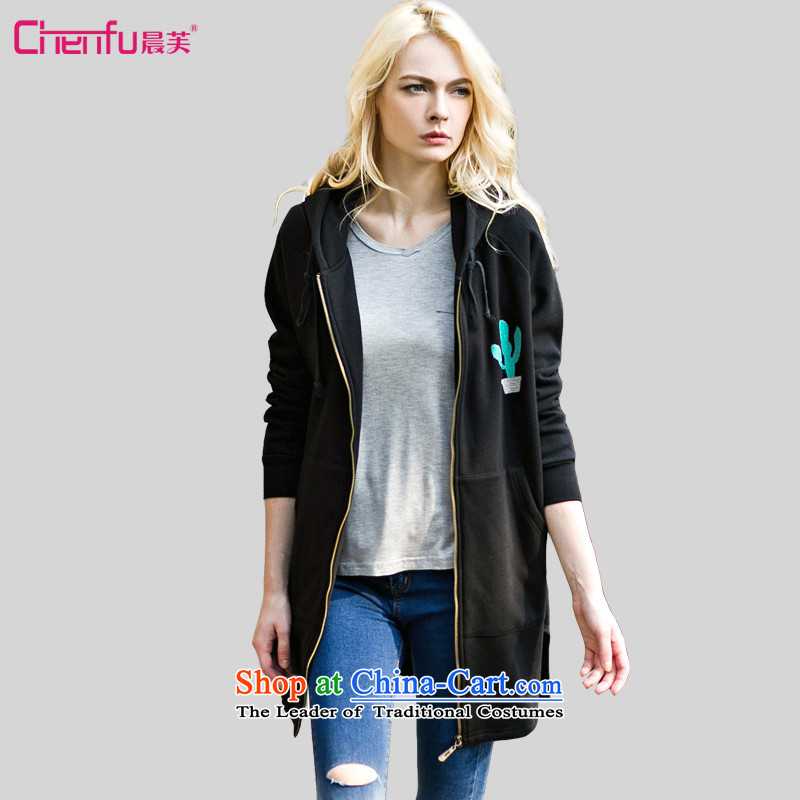 Morning to 2015 autumn and winter new larger female Western Wind relaxd stylish wild cactus stamp cap drawcord jacket is not under rule 4XL black sweater recommendations 171-190 catty