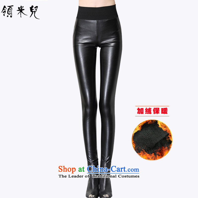 For M-?Large 2015 women Fall_Winter Collections new thick mm tall graphics waist elastic Sau San tight leather pants castor trousers trousers TP810 black velvet?3XL PLUS_