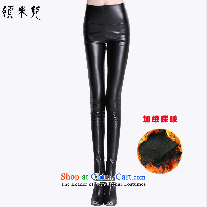 For M- Large 2015 women Fall_Winter Collections new thick mm tall graphics waist elastic Sau San tight leather pants female pencil trousers TP801 black velvet 3XL PLUS_
