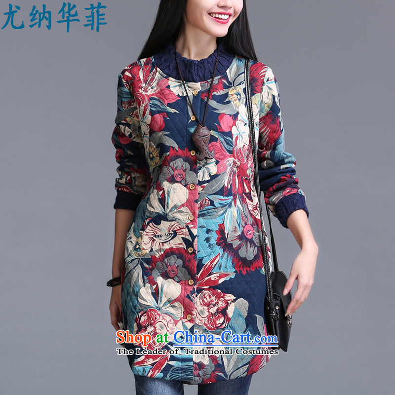 Juner China Philippines 2015 autumn and winter new ethnic retro collar long-sleeved jacket coat cotton linen dress 6,297 Blue L