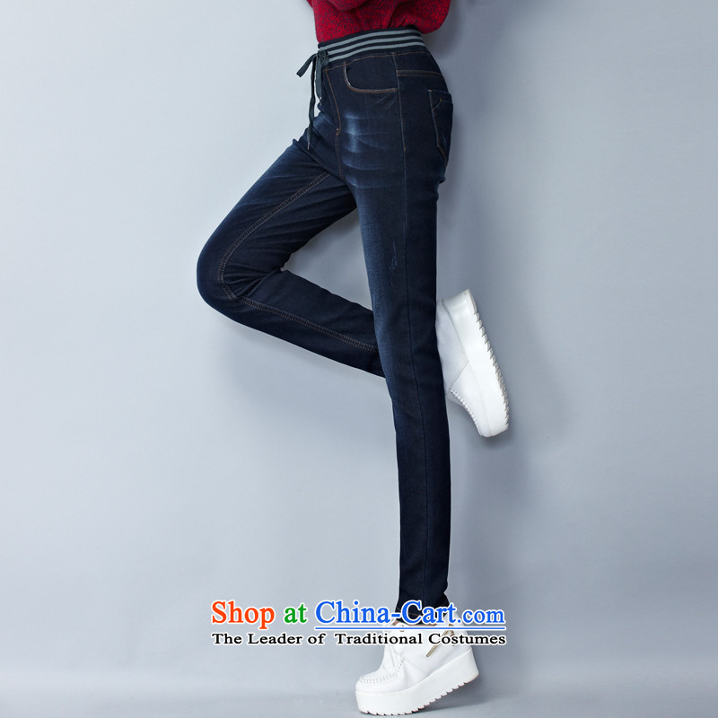 For M- Large 2015 Fall/Winter Collections for women to new xl elastic waist add lint-free video thin stretch jeans thick trousers Y1343 3XL, deep blue-collar-m , , , shopping on the Internet