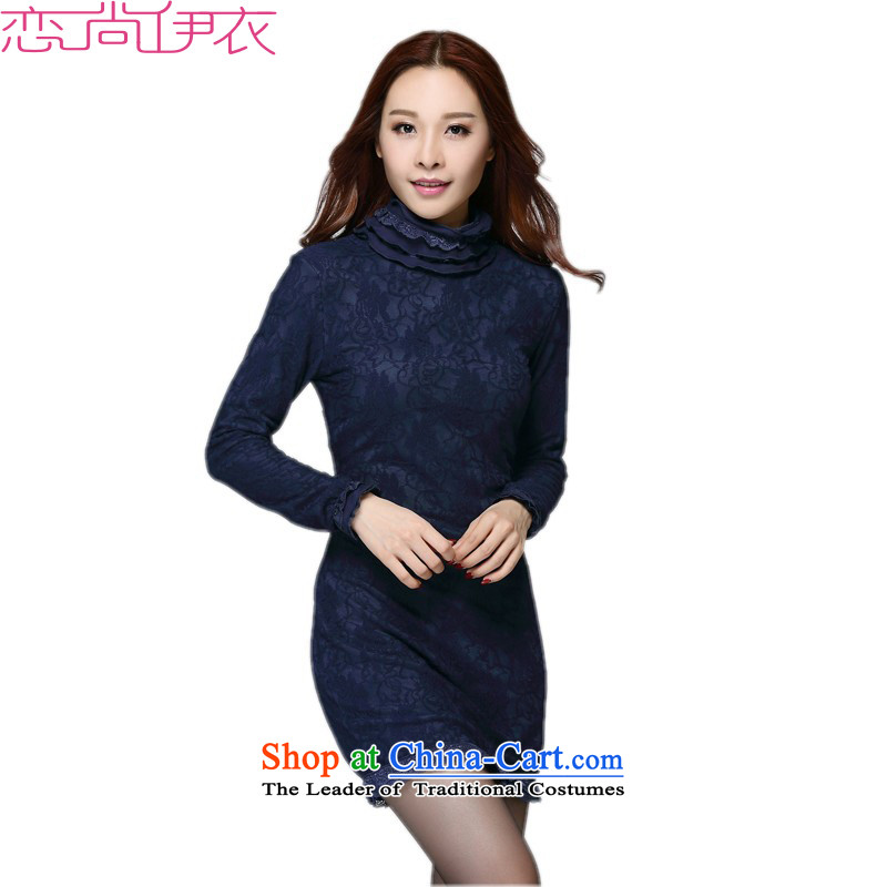 The new 2015 Fall_Winter Collections lace skirt wear thick-mei to xl lace high t-shirts Sau San package and dresses long-sleeved plus warm short skirts of lint-free dark blue4XLapproximately around 170-190 microseconds catty