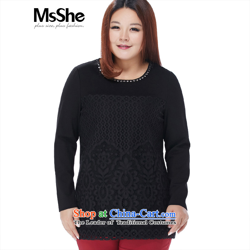 Msshe xl women 2015 new winter clothing thick MM fine nail pearl stitching lace Dress Shirt 11075 Black4XL