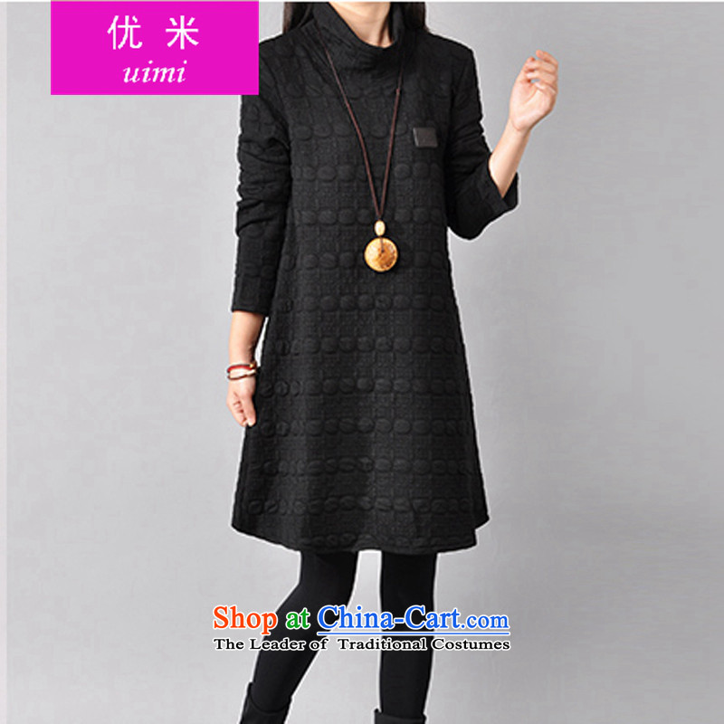 Uimi optimized M 2015 Fall_Winter Collections of new large relaxd dress in long round-neck collar video clip cotton waffle long-sleeved thin dresses female pregnant women with elegant black?XL