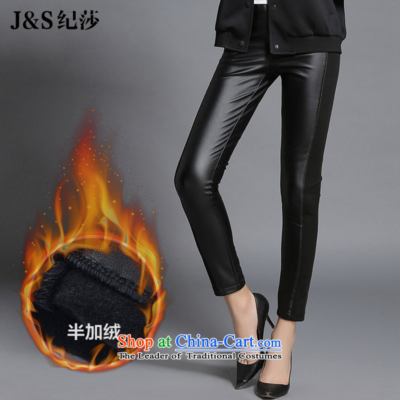 Elizabeth 2015 ultra high discipline code women for winter new castor leather pants thick mm Sau San PU stitching pencil to increase wear trousers trousersSN1067-3XL black