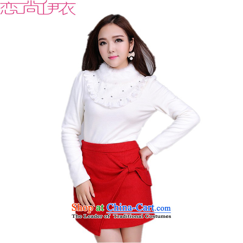 The new 2015 winter thick large Knitted Shirt collar warm plus gross lint-free long-sleeved shirt thick white T-shirt, forming the mei OL temperament woolen shirt white?5XL T-shirt?approximately 180-200 catty