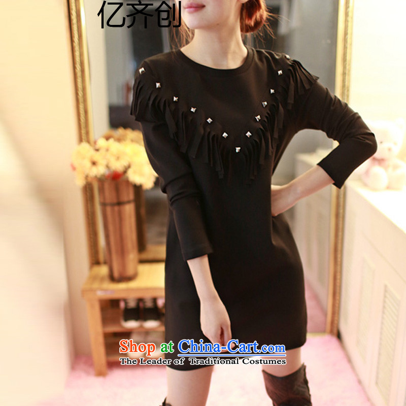 Billion gymnastics 2015 autumn and winter new larger female plus long-sleeved loose large-thick wool code rivets edging thick MM dresses?N1623 V rivets?XXL