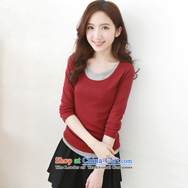 Morning to 2015 autumn and winter new Korean version of large numbers of female false two forming the Netherlands stitching knocked colors plus lint-free T-shirt, forming the thick Sau San thin gray long-sleeved shirt graphics without lint-free 4XL recomm