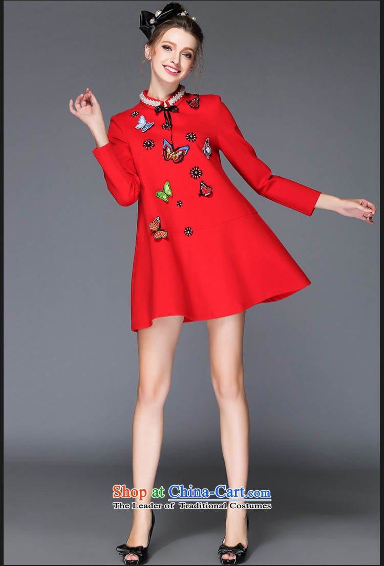 The Ni dream large high-end European and American Women 2015 Fall/Winter Collections new fat mm temperament lapel pin pearl butterfly embroidery long-sleeved dresses G-q229 red XXXL picture, prices, brand platters! The elections are supplied in the national character of distribution, so action, buy now enjoy more preferential! As soon as possible.