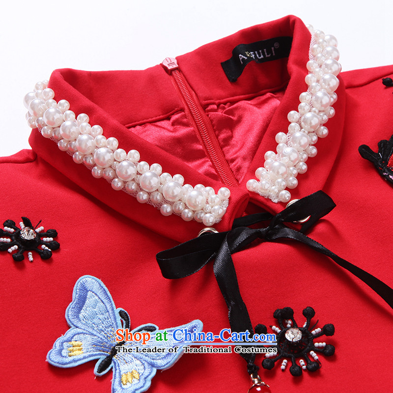 The Ni dream large high-end European and American Women 2015 Fall/Winter Collections new fat mm temperament lapel pin pearl butterfly embroidery long-sleeved dresses G-q229 XXXL, red, Connie Dream , , , shopping on the Internet