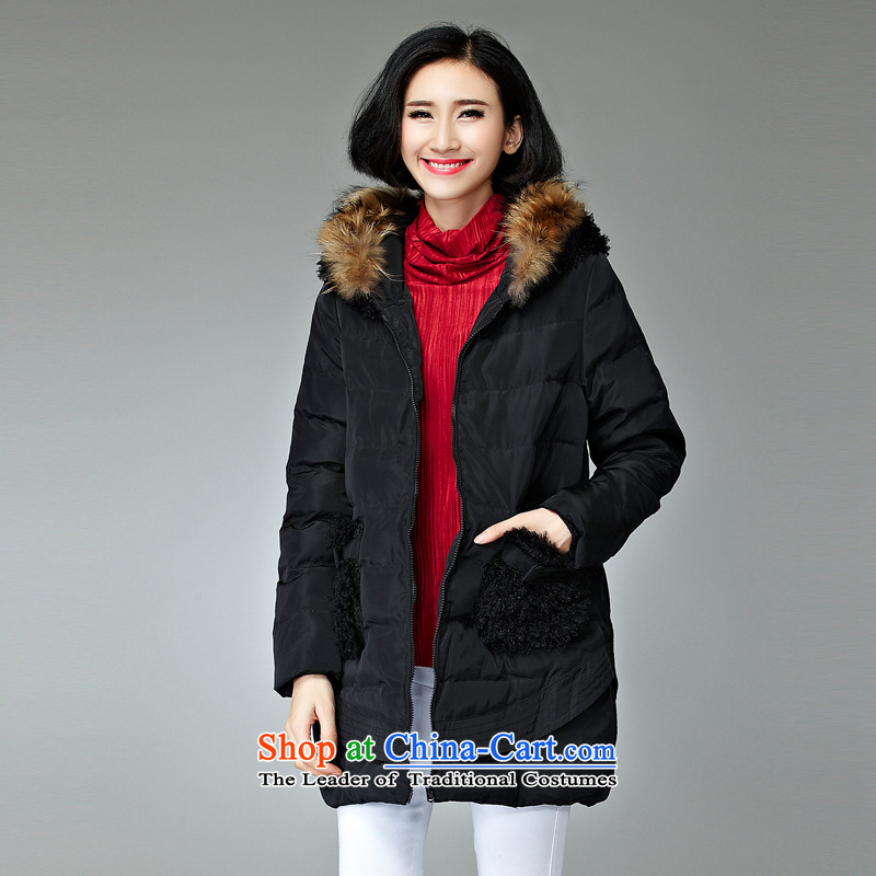 Maximum number of ladies winter clothing temperament New Sau San with cap cotton coat thick cotton clothing in large MM long winter 2015 new women's cotton coat to Korea for the graphics thin cotton black?XXXXL recommendations 165-185 catty