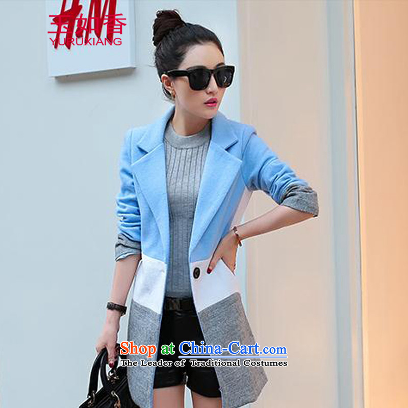 Yuk-yu Heung 2015 gross girls jacket? Long stitching knocked color autumn and winter and stylish lounge ni-personality temperament overcoat, blue M Yuk-yu Sau San-hyang (YURUXIANG) , , , shopping on the Internet