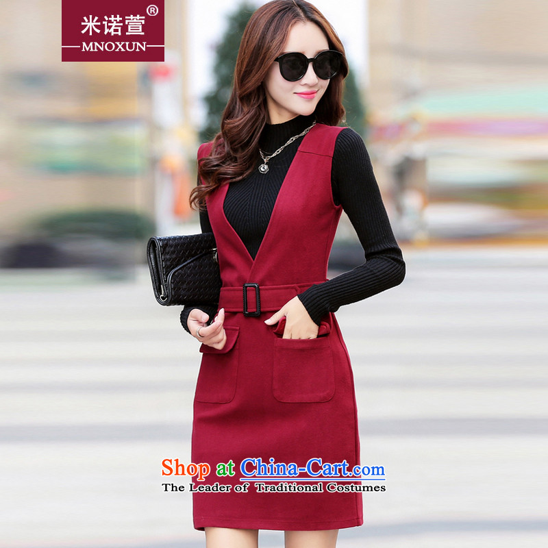 Mineau Xuan by 2015 autumn and winter new Korean fashion Sau San two kits gross? dresses K755 _ wine red?M
