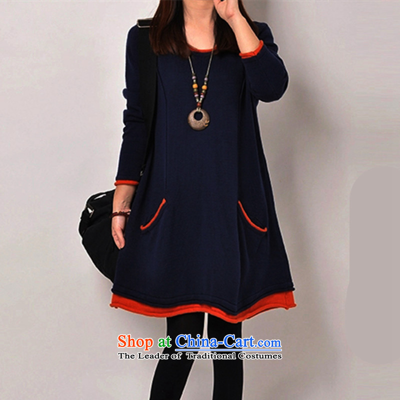 2015 Fall_Winter Collections Korean version of large numbers of ladies thick MM loose, Hin thin, thick thick sister in long thick plus long-sleeved skirt wear wool 200 catties dresses XXXL blue