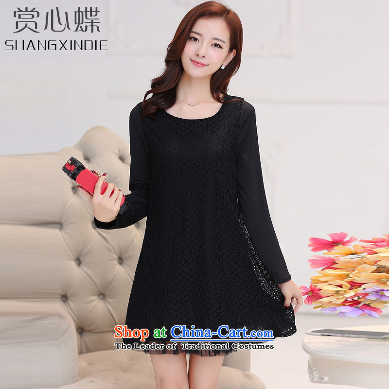 Rewards of the sphenoid 2015 autumn and winter new larger female thick MM loose to lace dresses 6182 female black 2XL