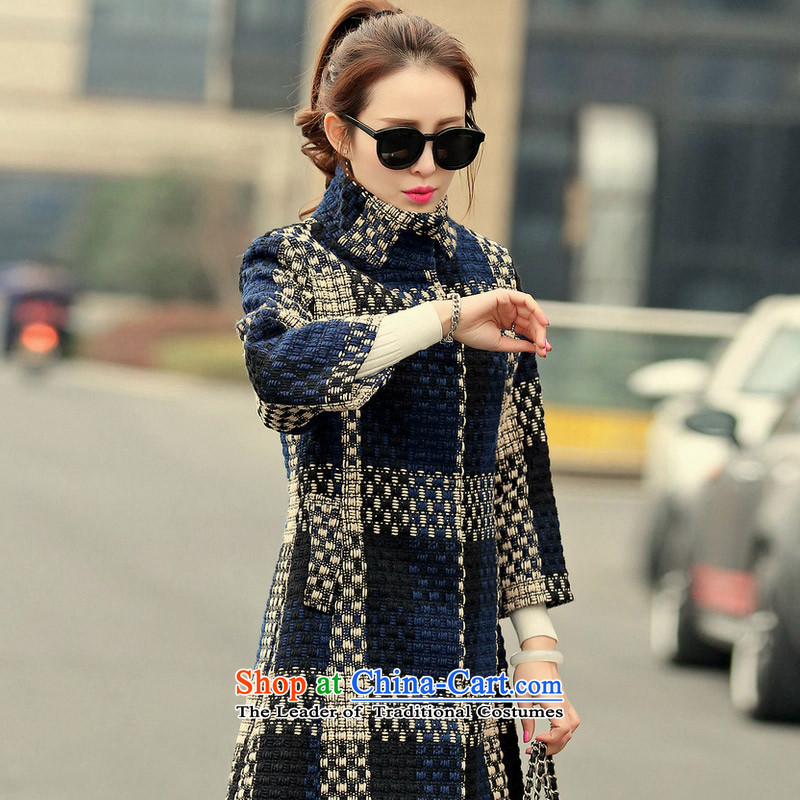 In2015, at the autumn and winter new Korean version in the Sau San long 7_rough flower gross PO navy blue coat? S L