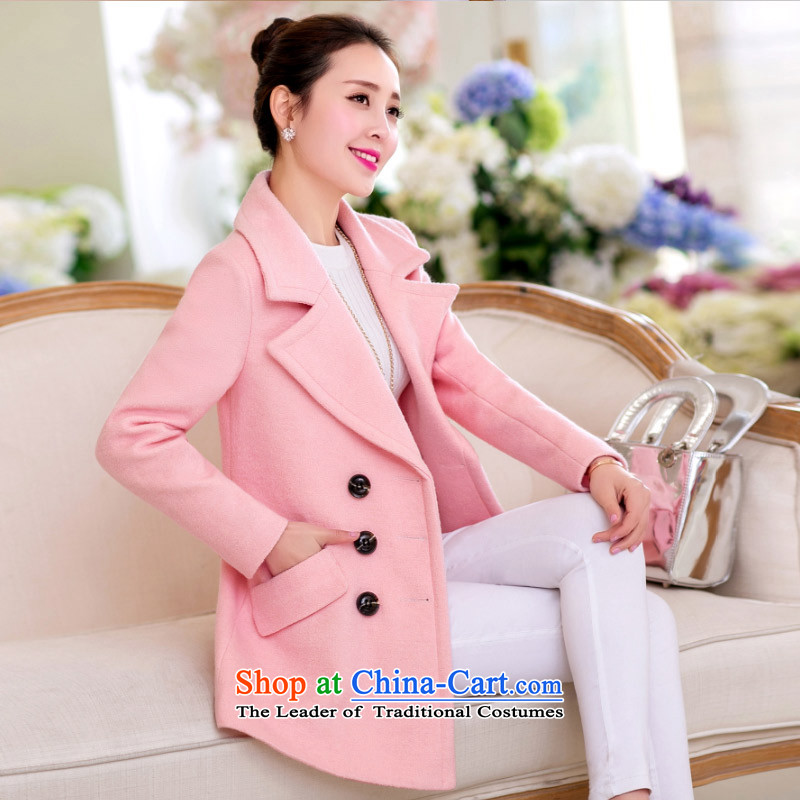 In 2015, Priority Club Fall/Winter Collections new Korean reverse collar double-a long coats in sweet Sau San PO female jacket? gross pink , L, Yue and shopping on the Internet has been pressed.